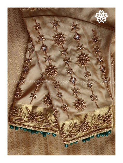 Gold Blouse Hand Work, Gold Colour Blouse Designs Aari Work, Gold Blouse Aari Work Designs, Gold Aari Work Blouse, Golden Blouse Aari Work, Gold Embroidery Patterns, Aari Work Blouse Wedding Simple, Beads Work On Blouse, Gold Blouses