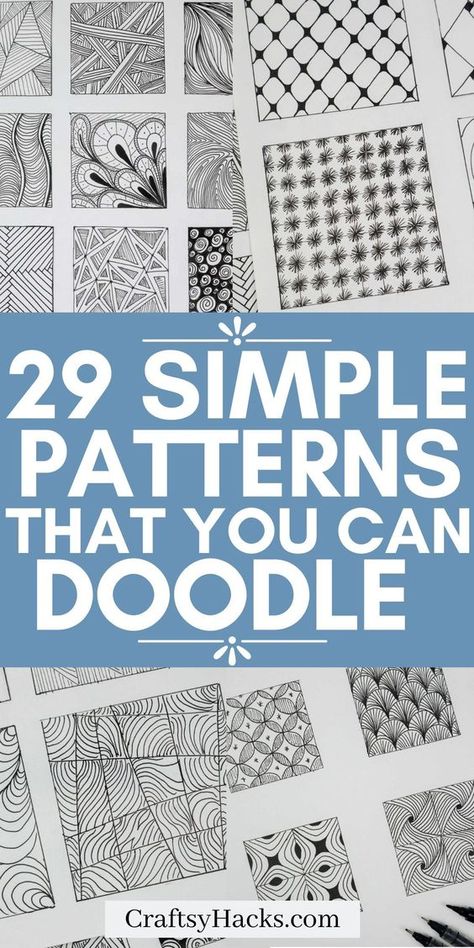 Looking for drawing tips? Try these fun doodle patterns for your bullet journal or notebook. So many fun drawing ideas that beginners will love too. Patterns For Doodling, Drawing With Different Lines, Square Doodle Art, Square Doodles Ideas, Zentangle Square Patterns, Pen Line Art Doodles, Easy Patterns To Draw Simple, Simple Sharpie Drawings, Doodling Ideas Patterns