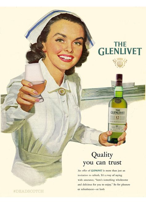 Glenlivet Whisky Nurse Picture . Created by DeadScotch . Follow DeadScotch on Instagram . Nurse Picture, Advertising Ads, Old Magazines, Foto Art, Print Ad, Vintage Humor, Old Toys, Magazine Art, Print Ads