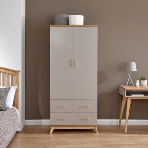 GFW's Nordica 2 Door 4 Drawer Wardrobe, available in light grey and white with oak-effect features. Light Grey Wardrobe, Grey Wardrobe, Affordable Bedroom, Room 2023, Fabric Bed Frame, White Wardrobe, Wardrobe Solutions, 2 Door Wardrobe, Dekorasi Kamar Tidur