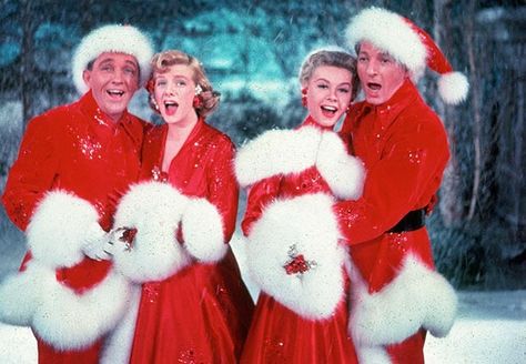 Bing Crosby, Rosemary Clooney, Vera-Ellen and Danny Kaye  sing together, while dressed in fur-trimmed red outfits and standing in front of a stage backrop, in a scene from the film 'White Christmas,' White Christmas 1954, Netflix Christmas Movies, Classic Holiday Movies, White Christmas Movie, The Christmas Song, Vera Ellen, Donald O'connor, Rosemary Clooney, Anne Bancroft