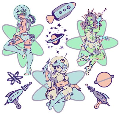 Retro Space Tattoo, Space Girl Tattoo, Mermaid Astronaut Tattoo, Alien Pinup, Pinup Space Tattoo, Space Pinup, Alien Babe Art, Alien Art, Tattoo Flash Art