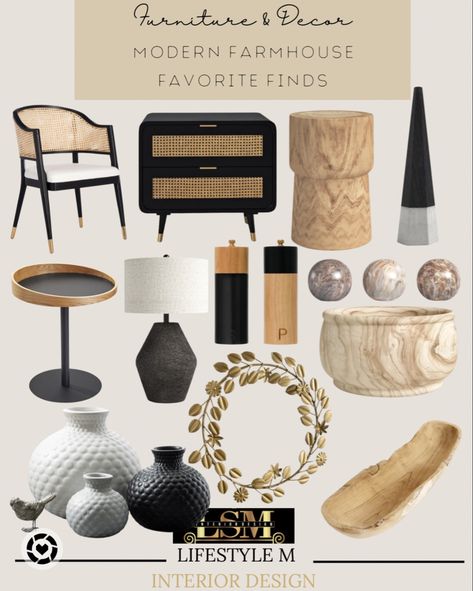 Board with furniture and decor options. White And Black Decor, Round Sculpture, Black End Table, Marble Living Room, Tricorn Black, Gold End Table, White And Gold Decor, Natural Wood Decor, Design Black Gold