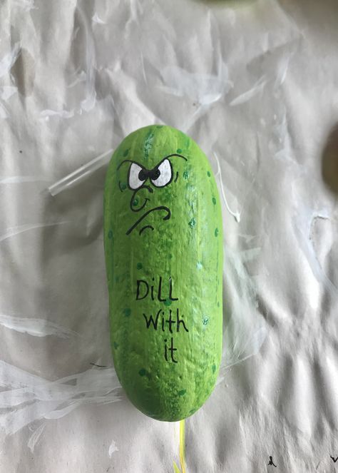 Dill (pickle) With It, by Tricia Miller Painting Design Ideas, Funny Rock, Art Coquillage, Rock Painting Ideas, Painted Rocks Craft, Painted Rocks Diy, Rock Painting Ideas Easy, Rock Painting Patterns, Rock Ideas