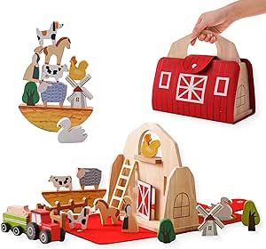 Wood farm playset for children including a barn bag to store and carry, animals, tractor and wagon Wooden Toy Barn, Wooden Blocks Toys, Farm Animal Toys, Baby Barn, Toy Barn, Montessori Educational Toys, Wooden Barn, Farm Toys, Wooden Car