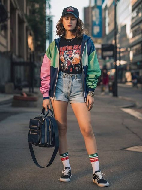 Stranger Things Photoshoot Inspired, 80s Vibes Outfits, 90s Colorful Outfits, Womens 80s Outfit Ideas, 80s Look Outfits Party, 80s Dress Casual, Modern 80s Outfits, 80’s Outfit, 80s Fashion Inspiration