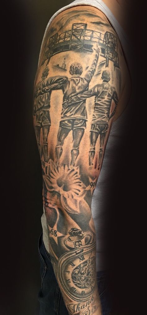 Man Utd. Sleeve by Toby Harris Football Sleeve Tattoo, Man United Tattoo, Sports Tattoos For Men Ideas, Manchester United Tattoo Ideas, Football Tattoo Ideas For Men, Hooligans Tattoo, Man Utd Tattoo, Soccer Tattoos, Clock Tattoos