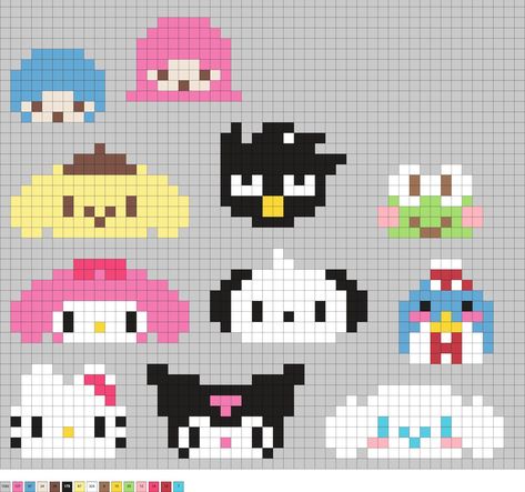 Sanrio Square Art, Hello Kitty Characters Pixel Art, Cute Pixel Art Sanrio, Sanrio Perler Bead Patterns Cinnamoroll, Sanrio Characters Perler Beads, Easy Pixel Art Sanrio, Sanrio Cinnamoroll Pixel Art, Sanrio Beads Pattern, Kuromi Bead Pattern