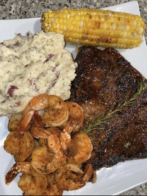 Herb Mashed Potatoes, Sweet Corn On The Cob, Steak Shrimp, Shrimp Parmesan, Steak And Shrimp, Rice Recipes For Dinner, Cajun Shrimp, T Bone, Food Therapy