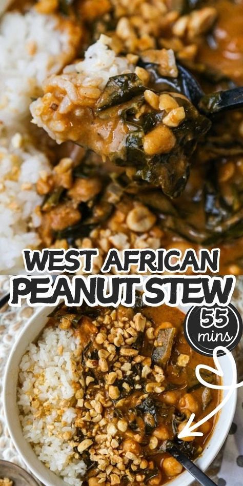 Peanut butter lovers, rejoice! Nutty, savory and spicy, this West African Peanut Stew Recipe has ALL the flavors! And it’s ready in less than an hour! African Peanut Butter Stew, Peanut Butter Stew, African Curry, West African Peanut Stew, Stew Vegetarian, West African Peanut Soup, African Peanut Soup, African Stew, African Peanut Stew