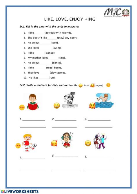 Love, like, enjoy - Interactive worksheet Like Ing Worksheet, Free Time Activities, Time Lessons, English Grammar Rules, English Exercises, English Grammar Worksheets, English Games, English Lessons For Kids, Grammar Lessons