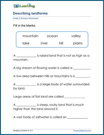 Describing the earth's surface worksheets - Students draw, describe and answer questions about different landforms. Free | Printable | Grade 2 | Science | Worksheets Grade 5 Social Science Worksheets, Land Forms Worksheet, Landform Worksheet, Social Science Worksheets, Science Worksheets For 4th Grade, Grade 2 Science Worksheets, Science Worksheets For Grade 1, Science 2nd Grade, Earth Science Worksheets