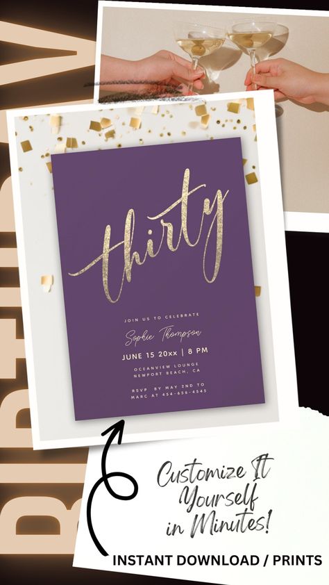 Purple and Gold 30th Birthday Invitation for Women with Modern Calligraphy in Elegant Minimalist Style Purple 30th Birthday Party, Gold 30th Birthday, 30th Birthday Ideas For Women, Minimalist Glam, Thirtieth Birthday, 30th Birthday Decorations, Birthday Ideas For Her, Thirty Birthday, 30th Birthday Invitations