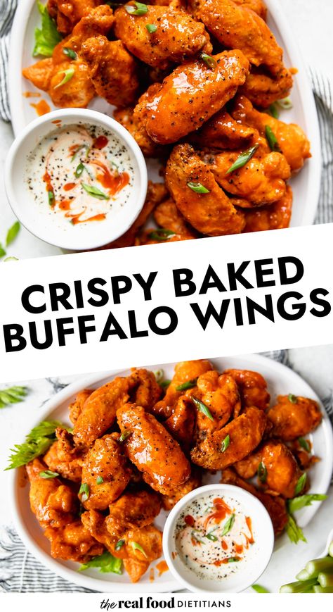 These are the best Crispy Baked Buffalo Wings you’ll ever make – we promise! There’s no need for a deep fryer here thanks to a special ingredient that you already have in your pantry and our fail-proof method. Toss them with your favorite wing sauce or our 5-Ingredient Buffalo Sauce for an epic appetizer recipe. Buffalo Wings Recipe, Baked Buffalo Wings, Dietitian Recipes, Entree Dishes, Easy Whole 30 Recipes, Homemade Buffalo Sauce, Crispy Chicken Wings, Primal Kitchen, Wings Recipe