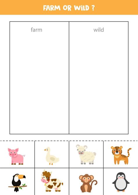 Sort cards into wild and farm animals. Logical game for children. Animals Activity Preschool, Wild Animals Activity, Animal Sorting, Animals Activities, Activity Preschool, Animal Worksheets, Kids Worksheets Preschool, Sorting Games, Game For Children