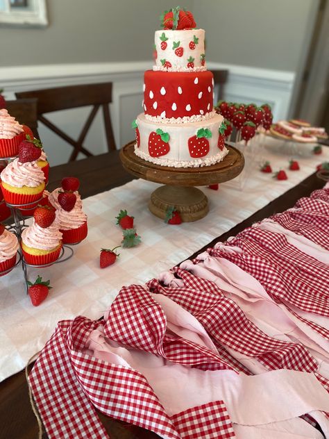 Strawberries Theme Party, Strawberry 1 Year Birthday, Strawberry Themed 3rd Birthday, Strawberry Berry First Birthday, Berry First Birthday Strawberry Shortcake, Strawberry Picking Party, Sweet One First Birthday Theme Strawberry, Food For Strawberry Themed Party, Strawberry Desserts For Party