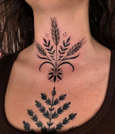 Fine Line Throat Tattoos Women, Throat Ornamental Tattoo, Front Neck Tattoos Women Simple, Line Tattoo Cover Up, Ornamental Flower Tattoo Design, Ornamental Throat Tattoo, Women Throat Tattoo, Front Chest Tattoo Female, Black Neck Tattoo