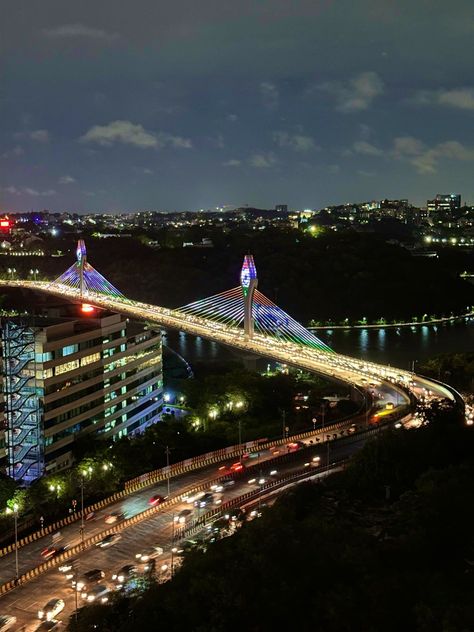 Hyderabad Night View, Durgam Cheruvu, Cable Bridge, Blind Design, Hindu Tattoo, Blinds Design, Selfie Photography, Art And Architecture, Hyderabad