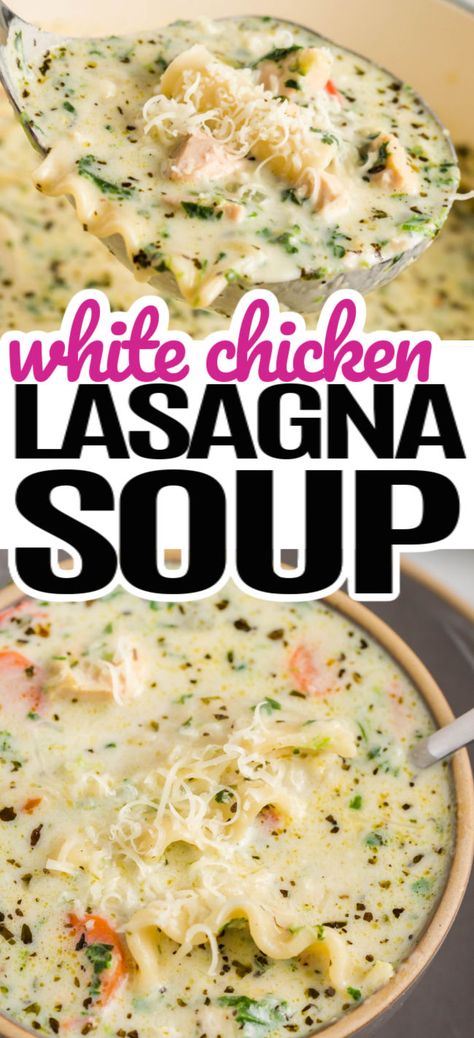 white chicken lasagna soup in a bowl, with lasagna noodles and carrots visible. White Chicken Soup Crockpot, Soup With Lasagna Noodles, Roasted Garlic White Chicken Lasagna Soup, Lasagna Noodle Soup Recipes, Meals With Lasagna Noodles, Creamy White Chicken Lasagna Soup, Chicken Noodle Soup With A Twist, One Pot White Chicken Lasagna Soup, White Chicken Lasagna Soup Recipe