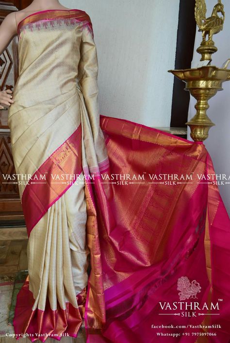 Cream pure kanchivaram silk saree with thread woven small checks and motifs on all over, heavy zari woven pink border, pink zari rich pallu. Code:A0418KA022302 Cost:22000 INR Whatsapp: +91 7019277192 Cream Pattu Saree, Cream And Pink Saree, Cream Silk Saree, Gold Silk Saree, Kanchivaram Silk Saree, Saree Tassels Designs, Designer Sarees Wedding, Pattu Saree Blouse Designs, Saree Blouse Neck Designs