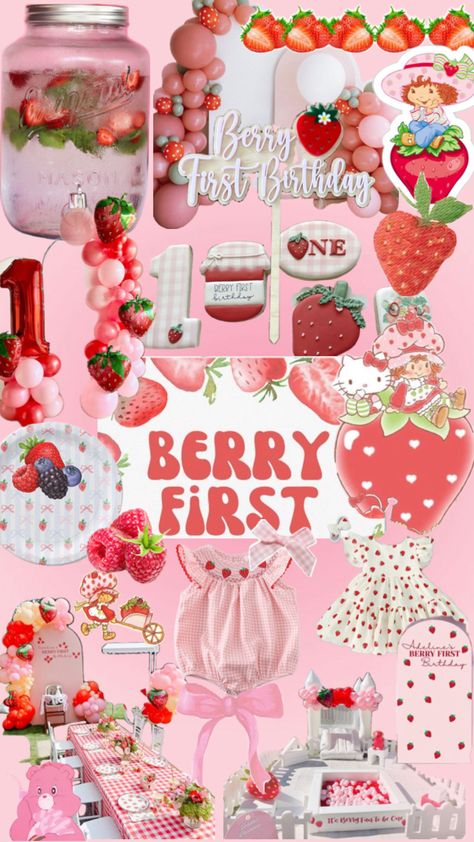 Raspberry Birthday Party, Berry Sweet Baby Shower Cake, Berry Cute Birthday, Strawberry Shortcake First Birthday, Berry First Birthday Theme, Strawberry Shortcake 21st Birthday, Raspberries Cake, Berry Sweet Baby Shower Theme Food, Strawberry Shortcake Theme Cake