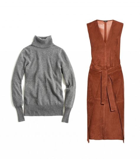 J.Crew Collection Classic Turtleneck Sweater in Cashmere and Joseph Max Wrap-Effect Suede Dress Suede Dress Outfit Fall, Winter Beige Turtleneck Dress, Turtleneck Dress Brown, Turtleneck And Dress, Suede Dress Outfit, Turtleneck Under Dress, Cozy Fitted Turtleneck Sweater Dress, Tirtle Neck Sweater Dress, Luxury Fitted Turtleneck Sweater Dress