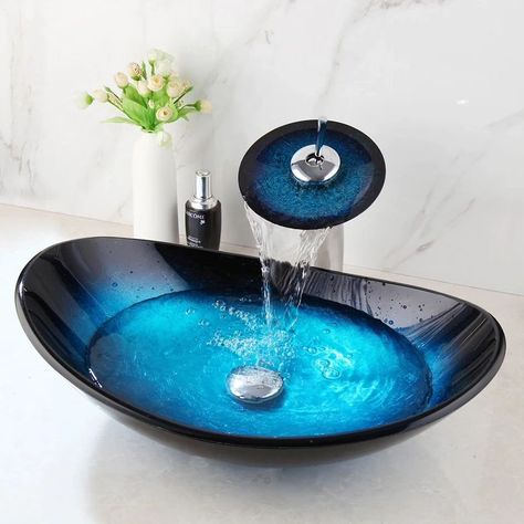 | ZAPPO Tempered Glass Bathroom Vessel Sink with Waterfall Black Faucet Tap Bathroom Oval Blue Vessel Sinks Above Counter Basin #Bathroom #amazonfinds Link 🔗 https://t.me/dzdigital3/8017?single discounts Up 50% Link page 👇 https://bit.ly/4azJDSe Glass Bathroom Sink, Glass Waterfall, Glass Basin, Ceramic Bathroom Sink, Black Faucet, Glass Vessel Sinks, Glass Sink, Waterfall Faucet, Chrome Faucet