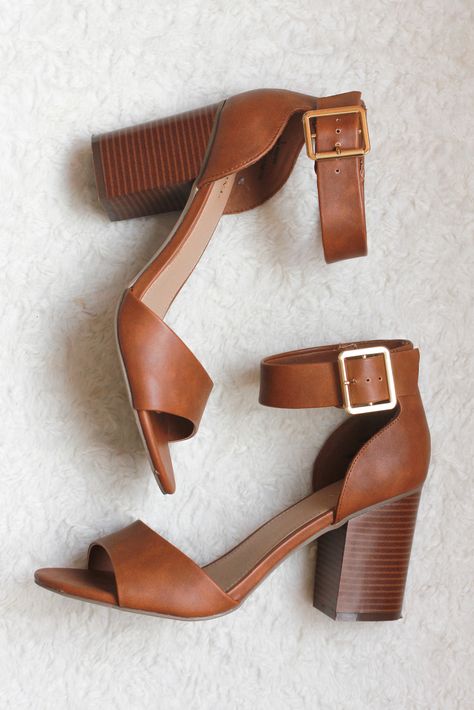 Merona by Target ankle strap block heel cognac brown sandals. spring shoe for weddings, or parties. fashion and style for women. outfit inspiration Brown Block Heel Sandals, Heel Sandals Outfit, Brown Sandals Heels, Ankle Strap Block Heel, Sandals Outfit, Brown Heels, Fashion Heels, Brown Sandals, Ankle Strap Heels