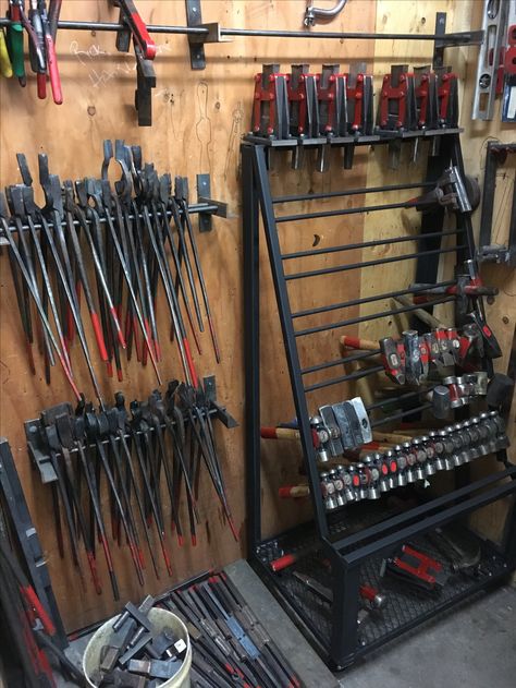 Tool Crib organization, fabricated tool rack. Crib Organization, Hammer Rack, Forge Projects, Blacksmithing Tools, Blacksmith Workshop, Gas Forge, Crib Organizers, Blacksmith Hammer, Forging Tools