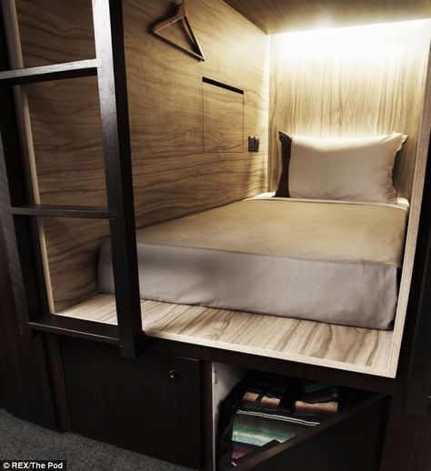 Cosy: Each capsule adds a touch of luxury with 300 thread-count sateen cotton sheets and pull-down blinds Pod Hotel, Sleep Pod, Pod Hotels, Hostels Design, Sleeping Pods, Capsule Hotel, Micro Apartment, Aesthetic Bedroom Ideas, Bunk Bed Designs