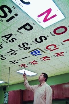 Periodic Table Ceiling Tiles: The letters are vinyl, cut by a local company, and are color-coded based on each element’s state at standard temperature and pressure. Solid elements are in black lettering, liquids are in blue, and gases are in red. High School Science Activities, Acoustic Tiles, Classroom Ceiling, Science Room, High School Chemistry, Golden Opportunity, 8th Grade Science, Table Decorating, 6th Grade Science