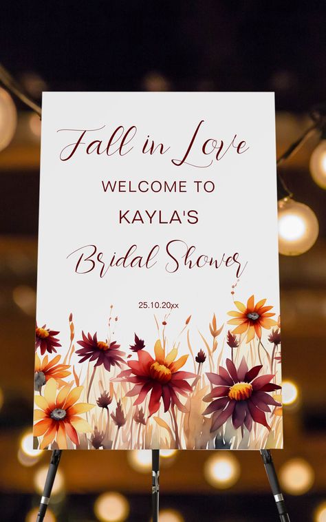 Fall in love bridal shower welcome sign burgundy dahlias yellow daisies wildflowers entrance decor Bridal Shower Ideas Fall In Love, Falling In Love Bridal Shower Theme, Fall Bridal Shower Ideas Decoration, Fall In Love Theme Bridal Showers, Fall In Love Bridal Shower Decor, Fall Bridal Shower Welcome Sign, Falling In Love Bridal Shower Invitation, Fall Bridal Shower Decorations, Fall In Love Bridal Shower