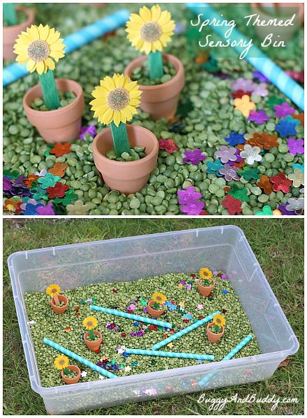 Spring Themed Sensory Bin -- great for late-stage Alzheimer's participants. What about conversations about favorite seasons and Spring memories? I think IG pairs could make the box and then reflect on it. The boxes/bins can be kept for multiple use. Spring Sensory Play, Spring Activities For Toddlers, Toddler Spring Activities, Spring Sensory, Sensory Tubs, Preschool Garden, Sensory Tub, Spring Toddler, Spring Preschool