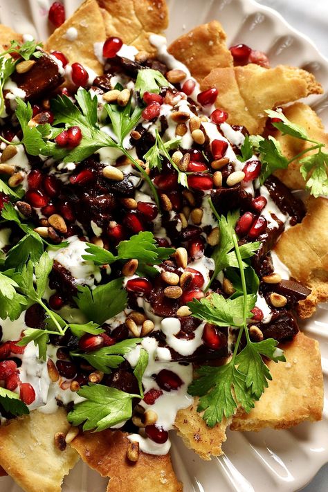 Fatteh Recipe, Dinner Party Starters, Perfect Dinner Party, Sharing Platters, Pitta Bread, Pomegranate Molasses, Perfect Dinner, Toasted Pine Nuts, Vegetable Puree