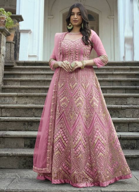 Embroidered Anarkali Salwar Kameez For Women In Light Pink Net. (1 Top/1 Bottom/1 Dupatta) Net Anarkali, Anarkali Suits Designer, Net Gowns, Butterfly Net, Long Anarkali, Gown With Dupatta, Nikkah Dress, Gown Suit, Latest Salwar Kameez