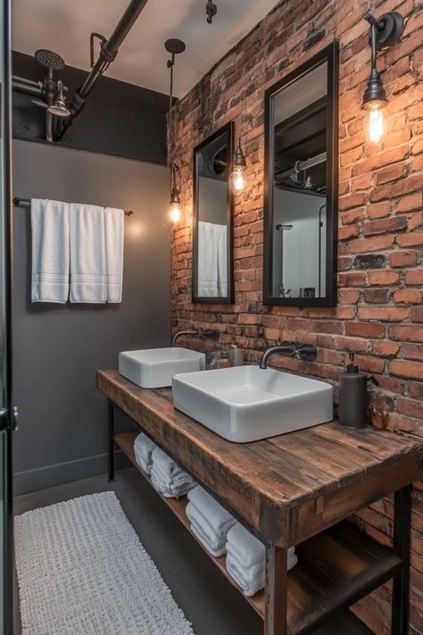 "Transform your space with Modern Industrial Bathroom Design! 🚿🏭 Perfect for blending raw materials with sleek design elements for a chic, urban feel. 🌟✨ #IndustrialBathroom #ModernDesign #HomeInspiration" Industrial Bathroom Vanity Ideas, Industrial Half Bathroom Ideas, Bathroom Ideas Industrial, Modern Industrial Bathroom Design, Communal Bathroom, Warehouse Bathroom, Industrial Bathroom Ideas, Industrial Modern Bathroom, Modern Industrial Bathroom