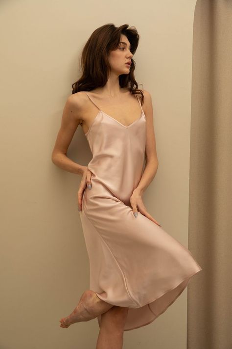 100% mulberry silk slip summer dress long| bias cut night pajamas adjustable straps | silk Silk Pajamas Dress, Slip Dress Pjs, Silk Robe Aesthetic, Slip Dress Nightwear, Slip Dress Aesthetic, Italy Wardrobe, Long Night Dress, Silk Sleep Dress, Elegant Nightgown