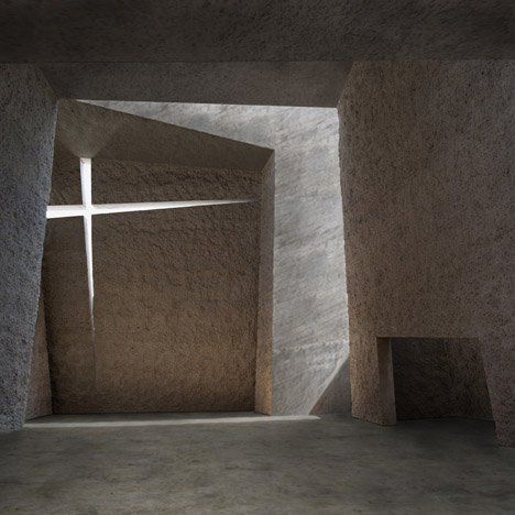 Slideshow: the concrete walls of this church in Tenerife are roughly lined with crushed volcanic rocks. Completed in 2008 by Spanish architect Fernando Menis of Menis Arquitectos, the church comprises four chunky concrete volumes separated from one another by sliced openings. Two overlapping cracks in the building’s end wall create a large cross-shaped window that Armani Casa, Modern Church, Concrete Walls, Tadao Ando, Sacred Architecture, Church Interior, Religious Architecture, Brutalist Architecture, Church Architecture