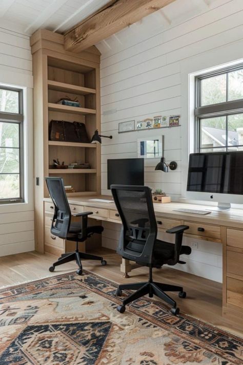 Small Double Office, Tiny Office Design, Home Office Loft Ideas, Two Desks In One Room, Home Office 2 Desks, Double Desk Ideas, Home Office Two Desks, Built In Double Desk, Home Office Ideas For Two