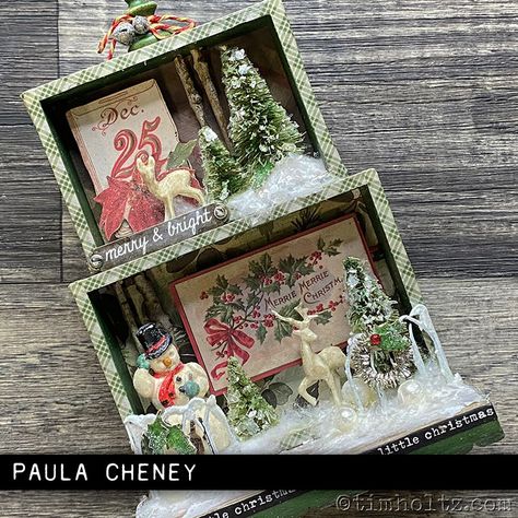 new distress color: rustic wilderness | Tim Holtz Tim Holtz Christmas, Christmas Booth, Christmas Diorama, Tim Holtz Crafts, Vintage Christmas Crafts, Christmas Shadow Boxes, Christmas Vignettes, Christmas Card Crafts, Handmade Christmas Decorations