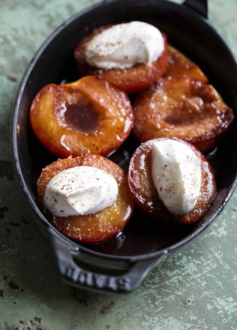 Baked Nectarines With Port Recipe | Quite possibly the easiest - and booziest - dessert you'll make. Port Recipes Dinners, Nectarines Recipes Dessert, Baked Nectarine Recipes, Nectarine Desserts, Baked Nectarines, Nectarine Dessert, Flambe Desserts, Baked Fruit Desserts, Nectarine Recipes