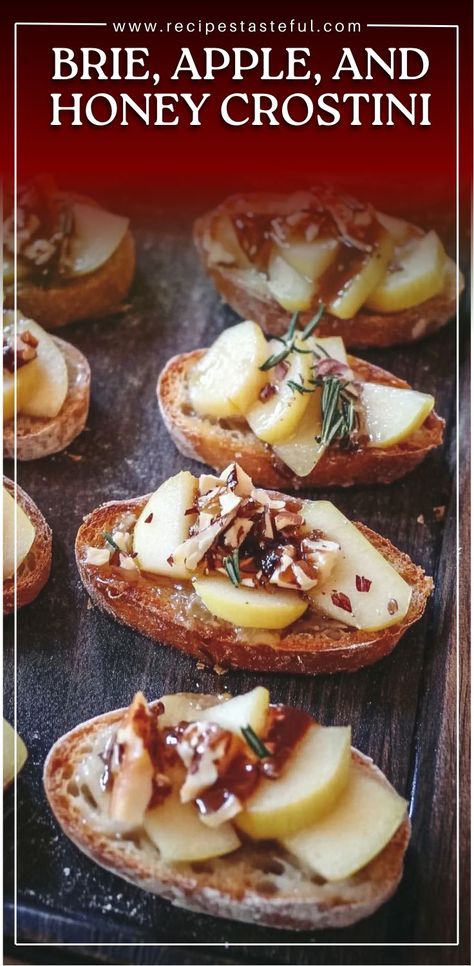 This Brie, Apple, and Honey Crostini is a quick, elegant appetizer that combines creamy brie, sweet apple butter, crisp apples, and a touch of honey on toasted baguette slices. Perfect for parties or holiday gatherings, it’s ready in just 15 minutes! Brie And Apple Crostini, Apple Brie Honey Crostini, Apple & Brie Crostini With Hot Honey, Brie And Fruit Appetizer, Appetizer Recipes With Baguette, Apple And Brie Flatbread, Brie And Baguette, Brie And Bacon Appetizer, Hot Honey Brie Recipes