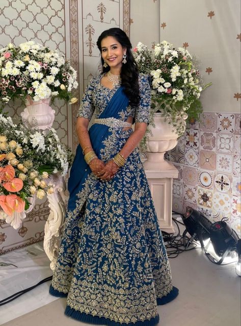 Ghagra For Reception, Lehenga Blue, Saree Bride, Telugu Bride, Long Skirt Top Designs, Stylish Lehenga, Reception Outfits, Long Skirt And Top, Rust Colour