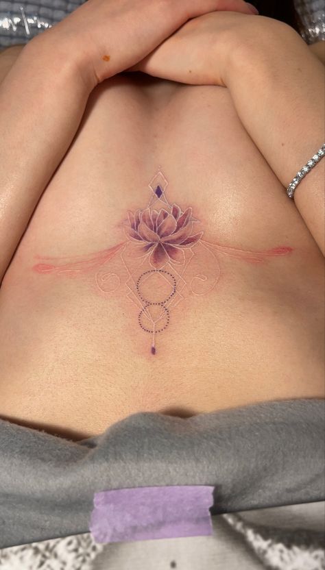 Woman Chest Tattoo Middle, Middle Of Chest Tattoo Female, Middle Chest Tattoo, Purple Tattoo, Purple Tattoos, Chest Tattoos For Women, White Chests, White Tattoo, Chest Tattoo