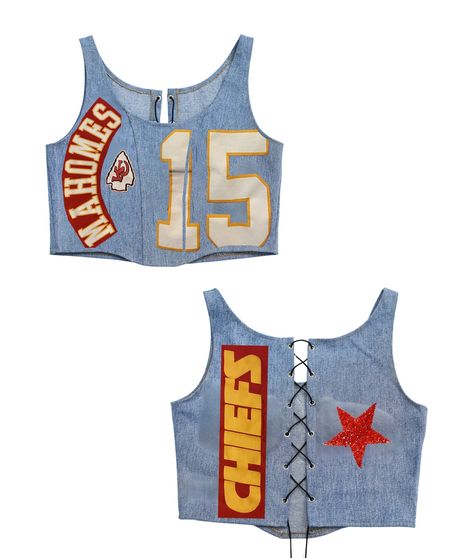 Jersey Corset, Upcycled Garments, Chiefs Shirts, Patchwork Sweatshirt, Denim Corset Top, Denim Corset, Team T Shirts, Denim Fabric, Corset Top