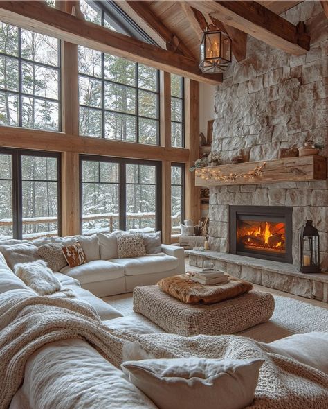 Cozy Living Room With Fireplace, Room With Fireplace, Big Windows, Sims House, New Home Designs, Living Room With Fireplace, Cozy Living, Great Rooms, Family Room