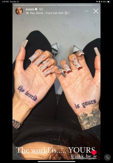 Hand Quote Tattoos For Women, Woman Knuckle Tattoos, Finger Tattoo Black Women, Amor Tattoos For Women, Hand Tattoos Writing, Hustle Tattoos For Women, Hand Word Tattoos, By Any Means Necessary Tattoo, Creative Hand Tattoos