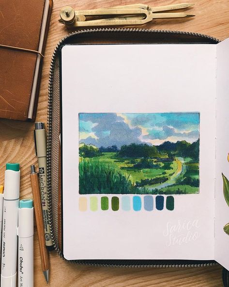 This is where I’d rather be right now 🍃 Recreated a Studio Ghibli landscape for practice. The softness of alcohol markers makes rendering… Colored Markers Art, Mini Envelope Template, Studio Ghibli Landscape, Ghibli Landscape, Marker Art Ideas, Envelope Template Printable, Art Markers Drawing, Copic Drawings, Markers Drawing Ideas