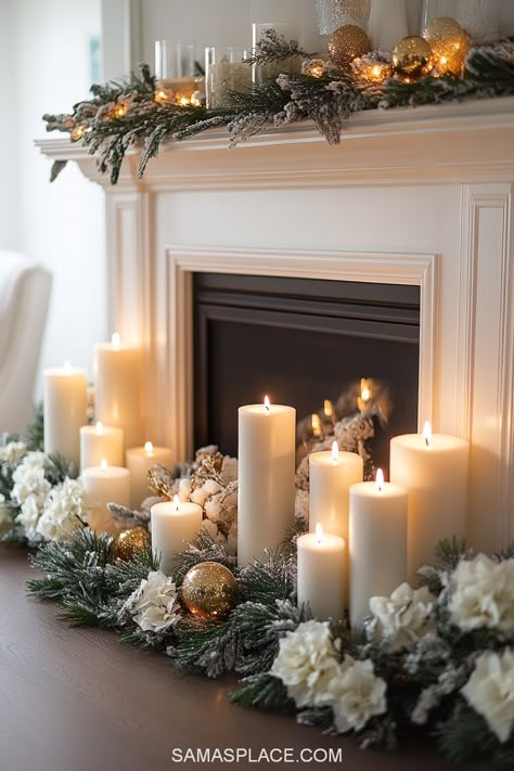 Transform your living room into a festive haven with these 21+ fireplace decor ideas for Christmas 2024! Create a cozy and magical holiday ambiance with garlands adorned with twinkling fairy lights, stockings in classic red and white, and elegant ornaments. Go for a rustic farmhouse vibe with natural greenery, pinecones, and plaid accents, or opt for a chic modern look with metallic gold and silver decor. #FireplaceDecor #ChristmasDecor2024 #HolidayHomeIdeas #FestiveFireplace Christmas Fireplace Decorations Mantles, Living Room With Fireplace Decor, Non Functional Fireplace Ideas, Candles In Fireplace Ideas, Mantel Christmas Decorating Ideas, Fireplace Christmas Decorations, Cozy Christmas Fireplace, Christmas Stage Decorations, Red Brick Wallpaper