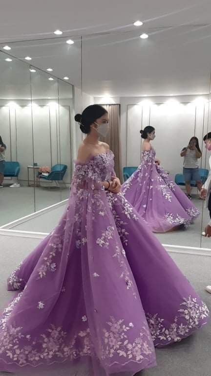 Debut Gowns 18th Elegant Purple, Simple Debut Gowns 18th, Francine Diaz Gown, Simple Debut Gowns, Purple Engagement Dress, Purple Gown Aesthetic, Purple Gown For Debut, Purple Princess Gown, Debut Dresses Filipino